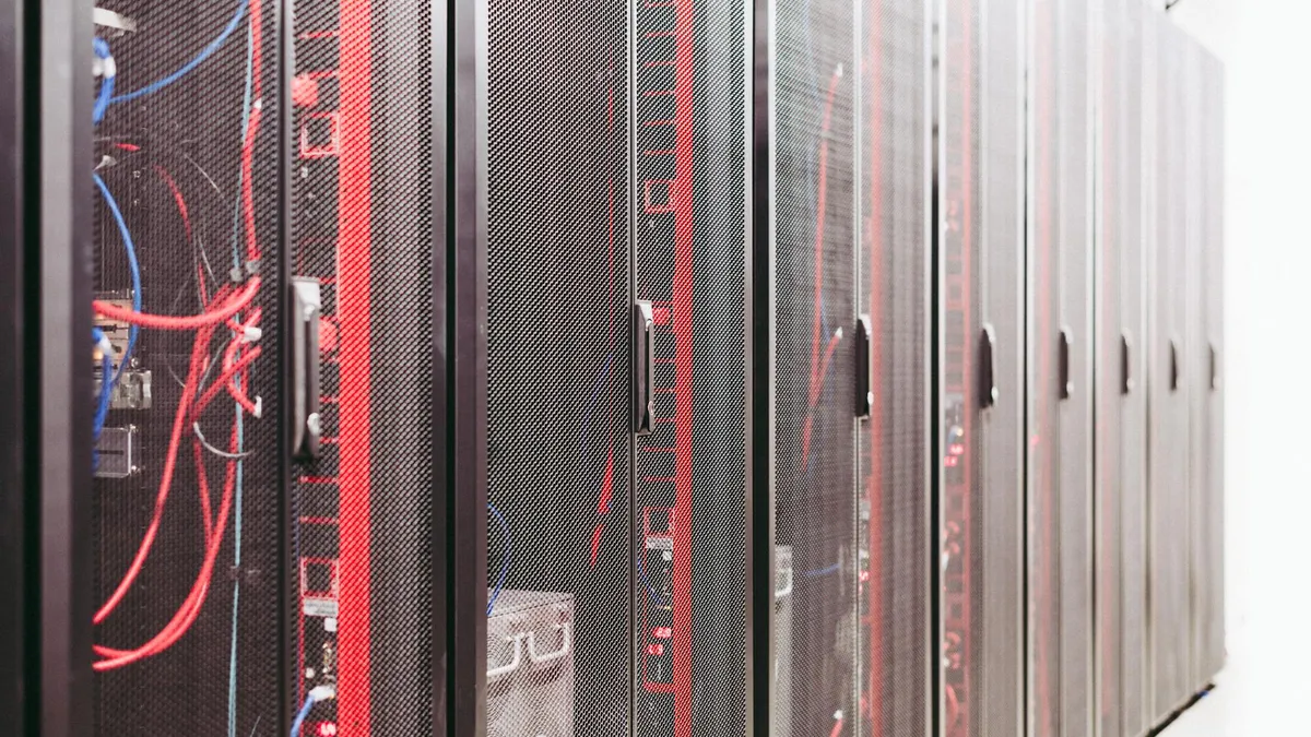 Server room with organized cables connecting business data systems