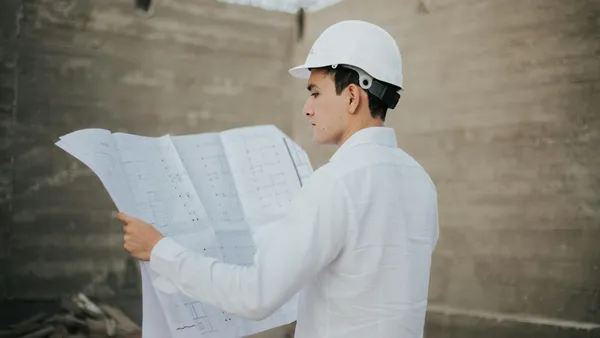 Construction worker reviewing plans on a building site wearing a safety helmet